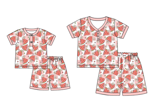 4.24 custom each style moq 5eta 4-6week Sibling Sister watermelon short sleeve shorts sets and adult sets match design