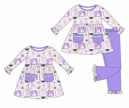 25.8.7 custom each style moq 5eta 4-6week Sibling Sisters bat ghost bow baby girl long sleeve pants sets and dress match family design