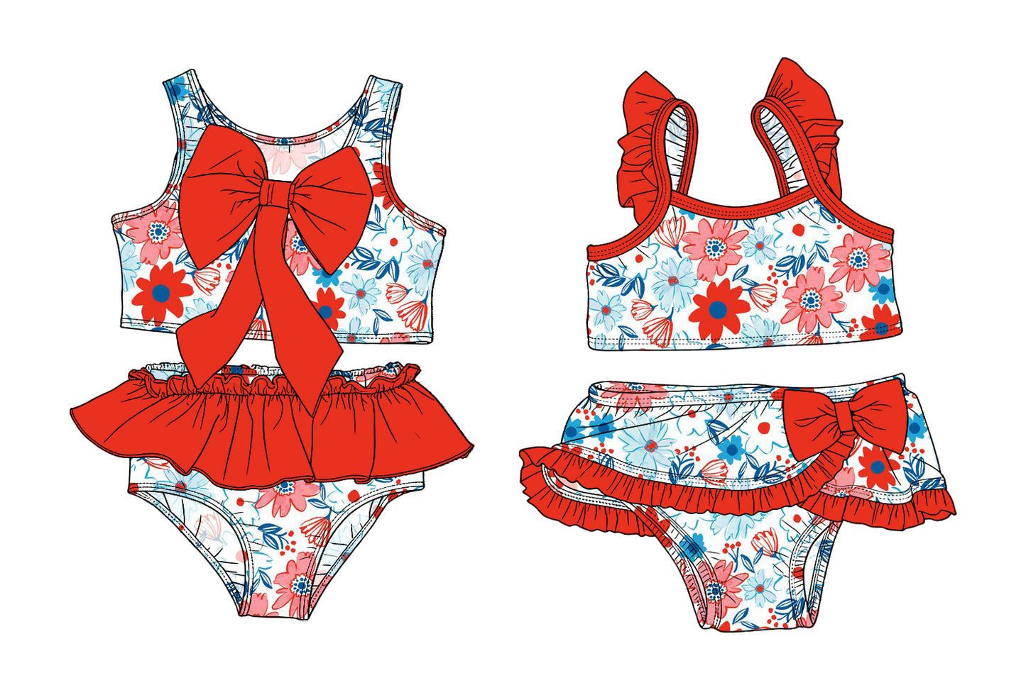 3.14 Custom moq 5 mix size Sibling Baby Girls Pink Sleeveless Flowers Top With Bow Bummies Two-Piece Set Infant Swimwear
