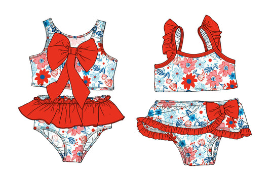 3.14 Custom moq 5 mix size Sibling Baby Girls Pink Sleeveless Flowers Top With Bow Bummies Two-Piece Set Infant Swimwear