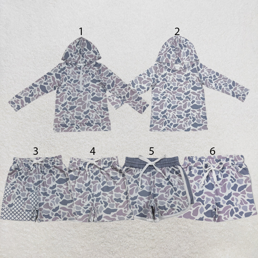 RTS NO MOQ Sibling milk silk Baby Girls Long Sleeve Grey Camo Print Hoodie Top Matching Pocket Shorts Two Piece Casual Clothes Set