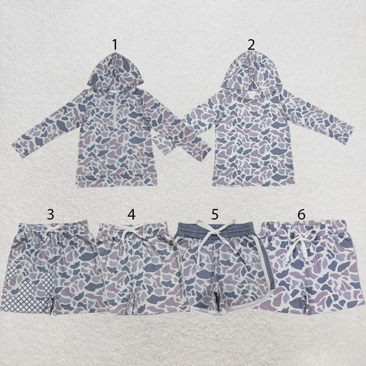 RTS NO MOQ Sibling milk silk Baby Boys Long Sleeve Grey Camo Print Hoodie Top Matching Pocket Shorts Two Piece Casual Clothes Set