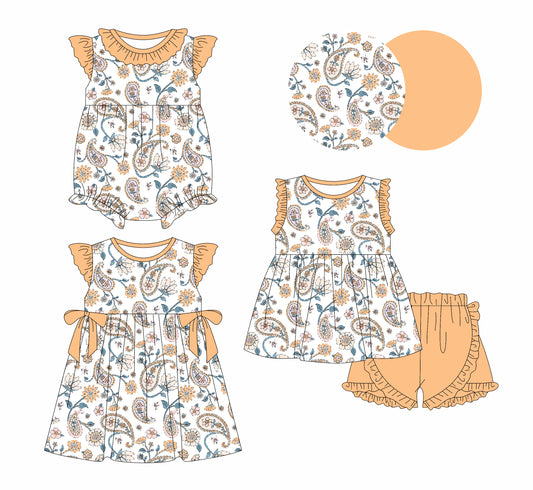 3.24 custom each style moq 5eta 4-6week Sibling Sisters floral baby girl short sleeve shorts sets and dress and rompers match family design