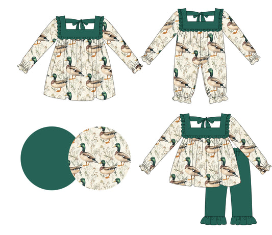25.5.16 custom each style moq 5eta 4-6week Sibling Sisters duck green baby girl long sleeve pants sets and dress and rompers match family design