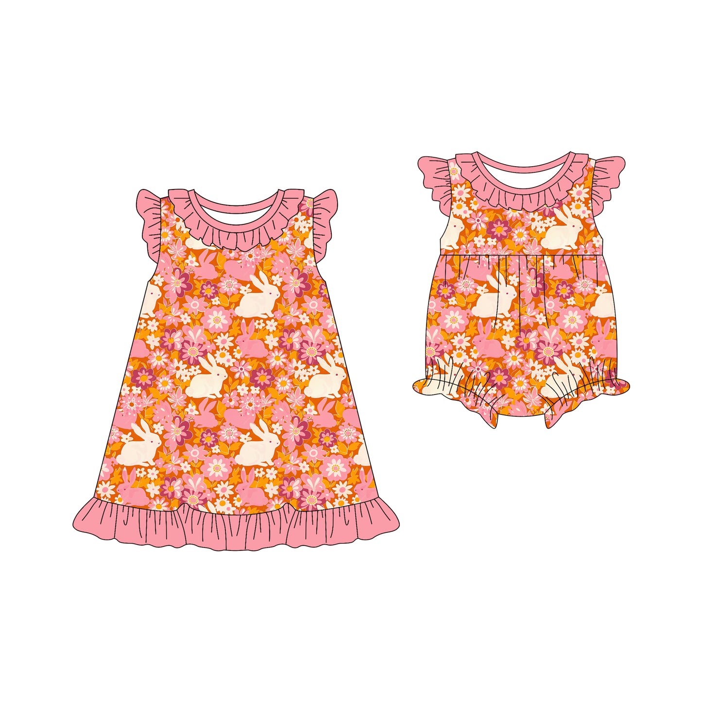 25.12.16 custom each style moq 5 eta 6-8week Sibling Sister bunny floral baby short sleeve romper and dress match design