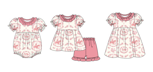 12.13 custom each style moq 5eta 4-6week Sibling Sister riding horse pink baby girl short sleeve shorts sets and dress and rompers match family design