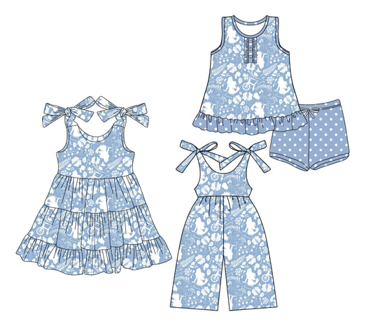 3.22 custom each style moq 5eta 4-6week Sibling Sister floral baby girl short sleeve shorts sets and dresses and jumpsuit match design