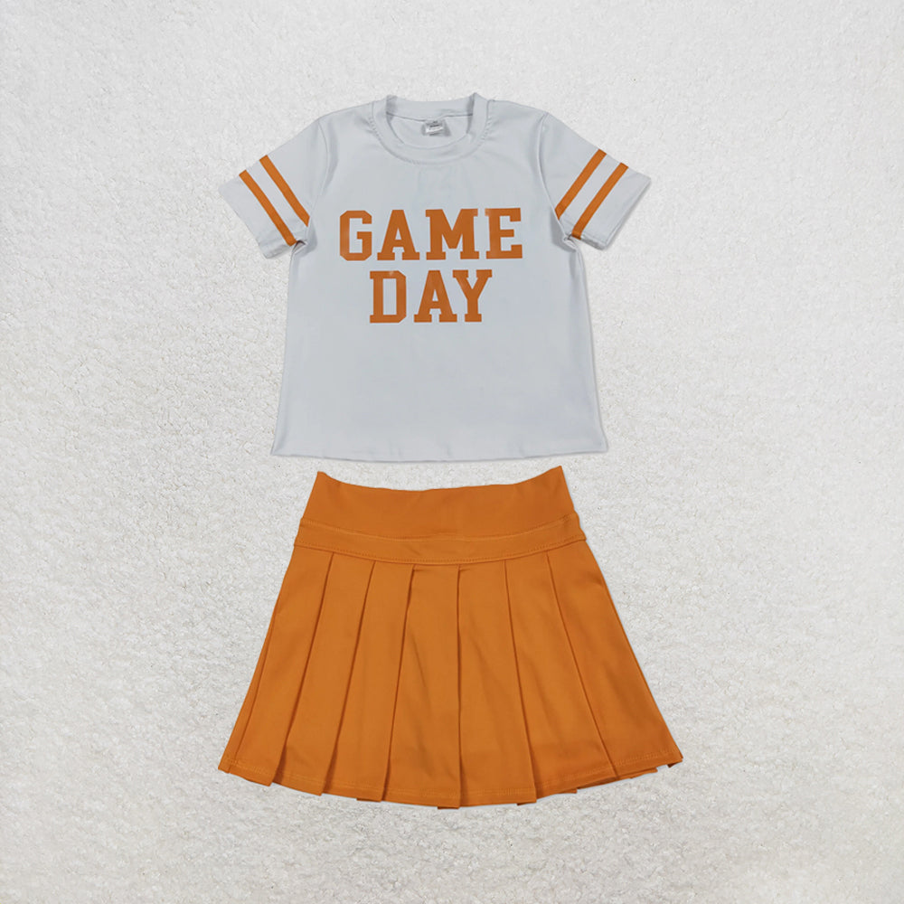RTS NO MOQ Sibling yoga fabric Baby Girls Vinyl Orange Game Day Print Top Matching Shorts Two Piece Team Active Clothes Set