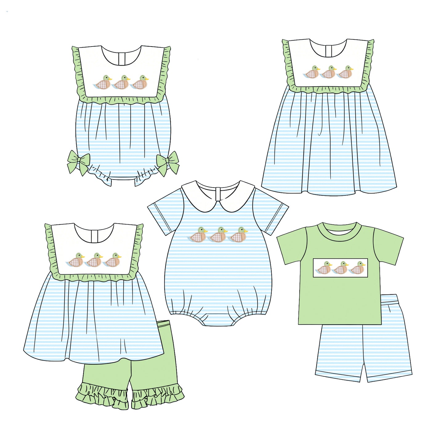 2.27 Custom moq 5 mix size Sibling Baby Girls Boys Blue stripes Short-Sleeved Top And Shorts Set Rompers Cute Girls Dress Outfit for Infants