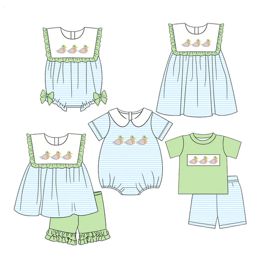 2.27 Custom moq 5 mix size Sibling Baby Girls Boys Blue stripes Short-Sleeved Top And Shorts Set Rompers Cute Girls Dress Outfit for Infants