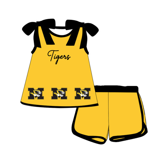 Custom moq 5 each style eta 6-8weeks baby girl clothes team yellow suspender shorts sets-25.10.14