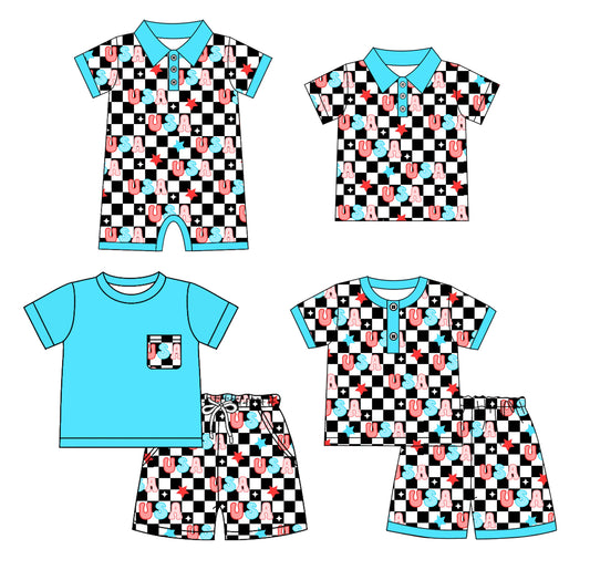 4.3 custom each style moq 5eta 4-6week Sibling Sister USA baby boy sets 1 and sets 2 and boy rompers and top match family design
