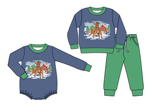 25.6.10 custom each style moq 5eta 4-6week Sibling Sisters Christmas riding horse baby boy long sleeve pants sets and rompers match family design