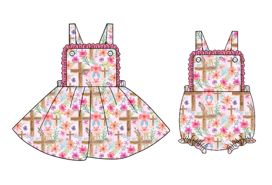 25.9.25 custom each style moq 8 eta 6-8week Sibling Sisters easter floral baby girl short sleeve dress and rompers match family design
