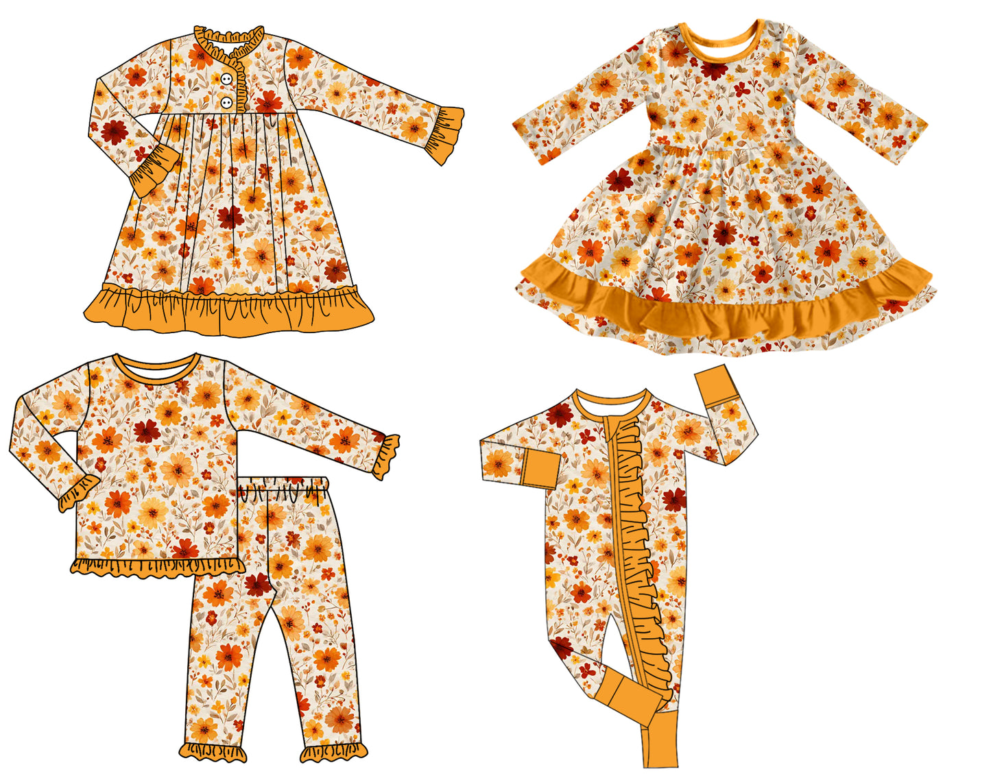 25.8.13 custom each style moq 5 eta 4-6week Sibling Sisters floral baby girl long sleeve pants sets and romper and dress 1 and dress 2 match family design