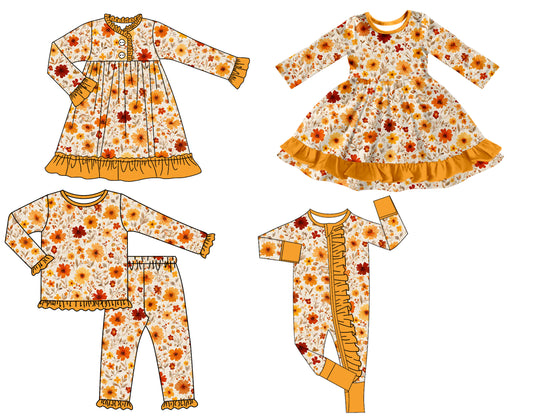 25.8.13 custom each style moq 5 eta 4-6week Sibling Sisters floral baby girl long sleeve pants sets and romper and dress 1 and dress 2 match family design