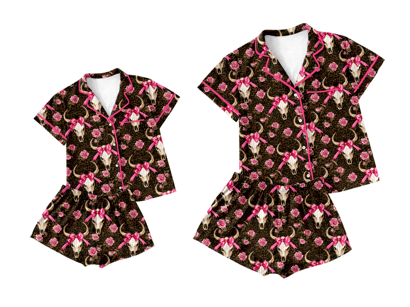 2.25 custom each style moq 5eta 4-6week Sibling Sister bow floral cow head short sleeve shorts sets and adult sets match design