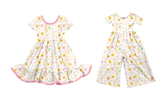 25.9.22 custom each style moq 8 eta 6-8week Sibling Sisters bunny baby girl long sleeve dress and jumpsuit match family design