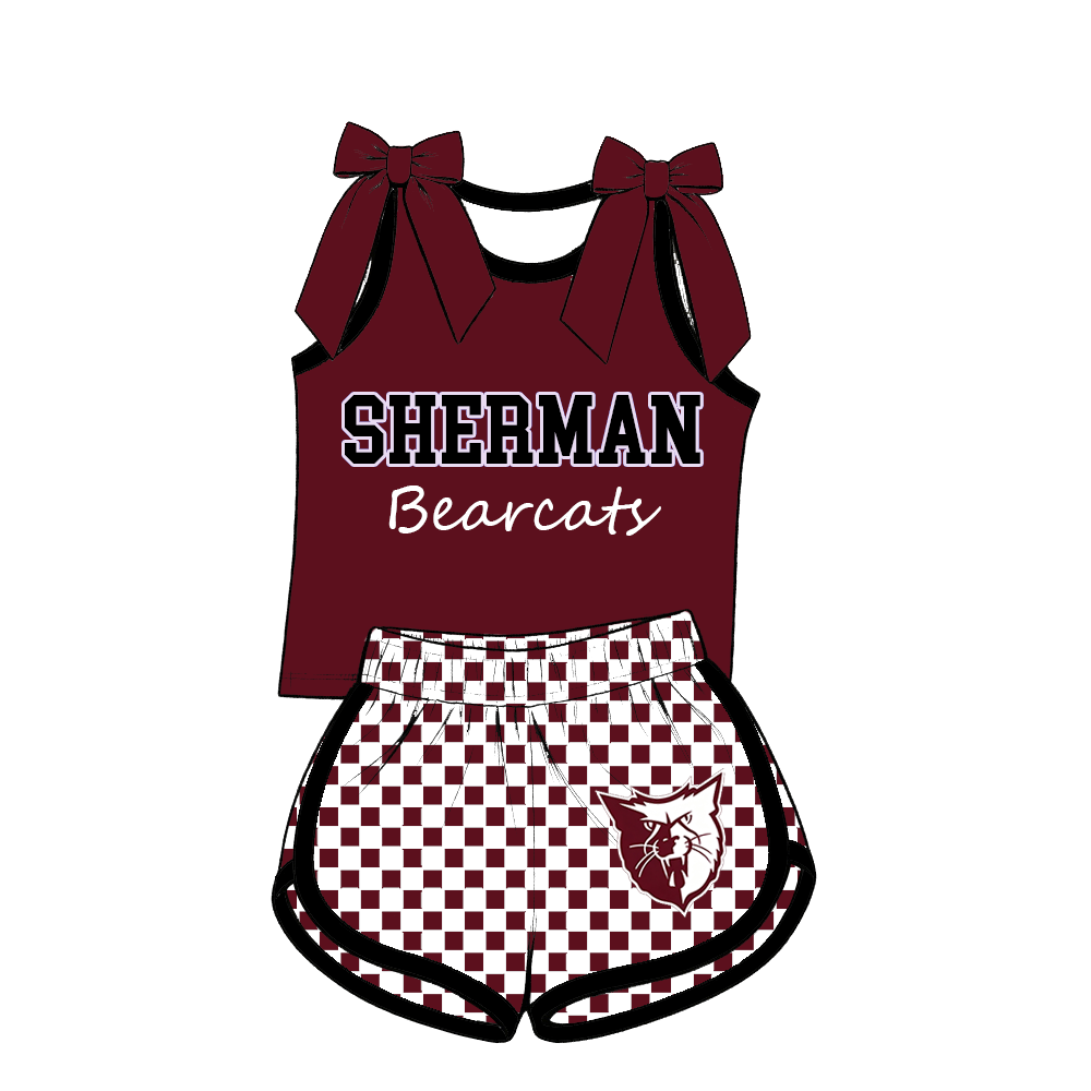 custom moq 5 mix size MSD070607 Baby Girls Checked Bow Sleeveless Tank Top And Checked Elastic Waist Shorts Set