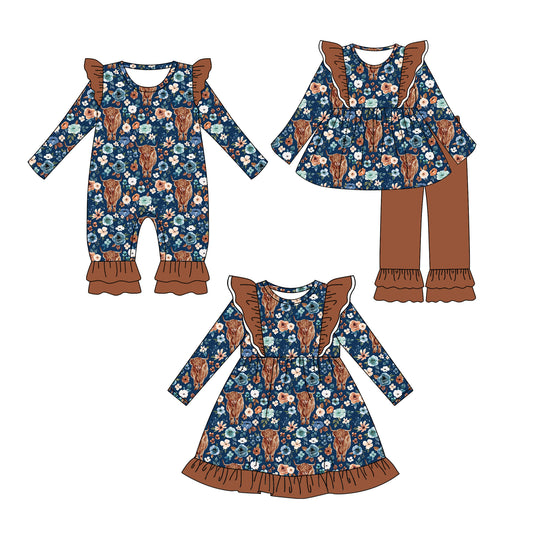 25.6.14 custom each style moq 5eta 4-6week Sibling Sisters alpine floral baby girl long sleeve pants sets and dress and rompers match family design