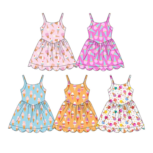 Custom moq 5 mix size Sibling Baby Girls Ice Cream Print Sleeveless Knee-Length Yoga Dress