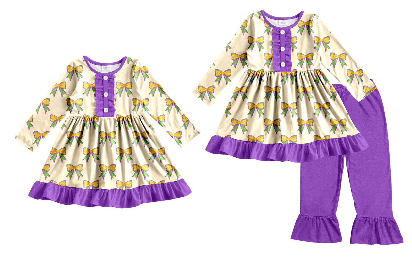 25.9.5 custom each style moq 5eta 4-6week Sibling Sisters mardi gras bow baby girl long sleeve pants sets and dress match family design