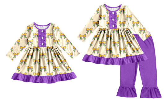 25.9.5 custom each style moq 5eta 4-6week Sibling Sisters mardi gras bow baby girl long sleeve pants sets and dress match family design