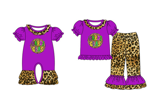12.7 custom each style moq 5eta 4-6week Sibling Sister MARDI GRAS purple leopard baby girls short sleeve sets and rompers match design