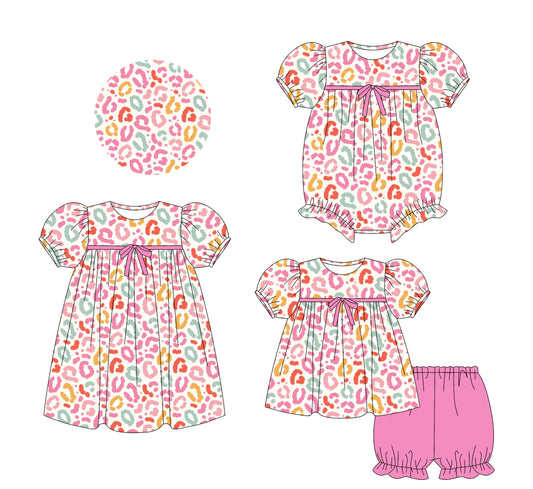 25.5.23 custom each style moq 5eta 4-6week Sibling Sisters leopard pink baby girl short sleeve shorts sets and dress and rompers match family design