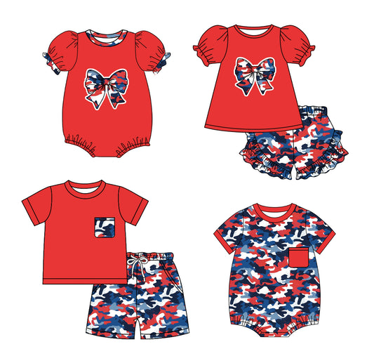 25.11.14 custom each style moq 5 eta 6-8week Sibling Sister camouflage bow red baby short sleeve shorts sets 2 and romper 2 match design