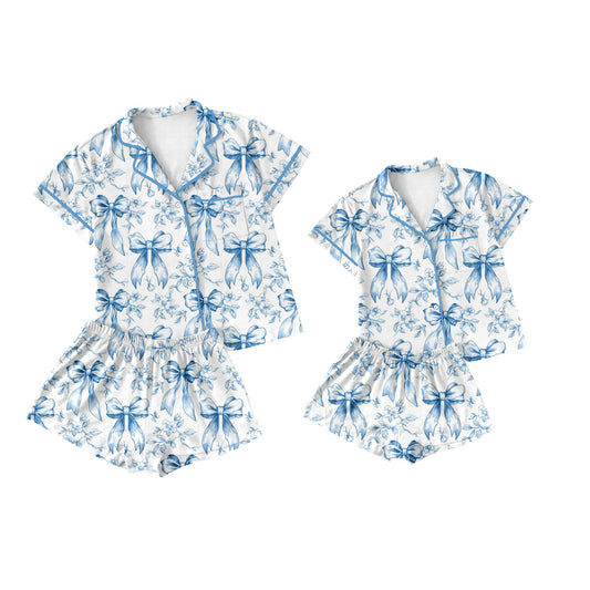 3.21 custom each style moq 5eta 4-6week Sibling Sister bow floral short sleeve shorts sets and adult sets match design