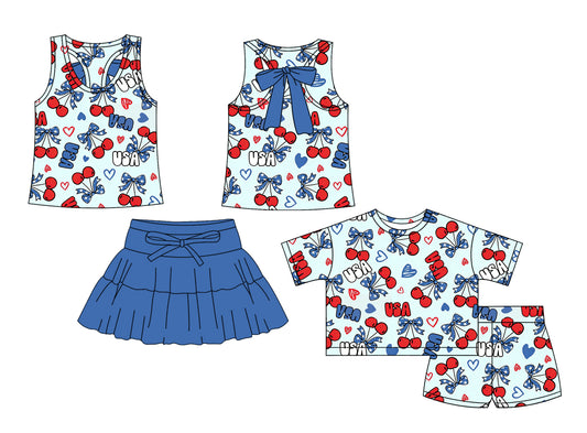 Custom moq 5 mix size Sibling Baby Girls Striped blue Sleeveless Top And Skirt Yoga Set Short-Sleeved Shorts Outfit for Kids 4th of July Active Wear
