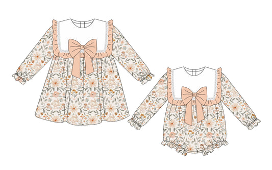 25.10.2 custom each style moq 8 eta 6-8week Sibling Sisters floral baby girl long sleeve dress and rompers match family design