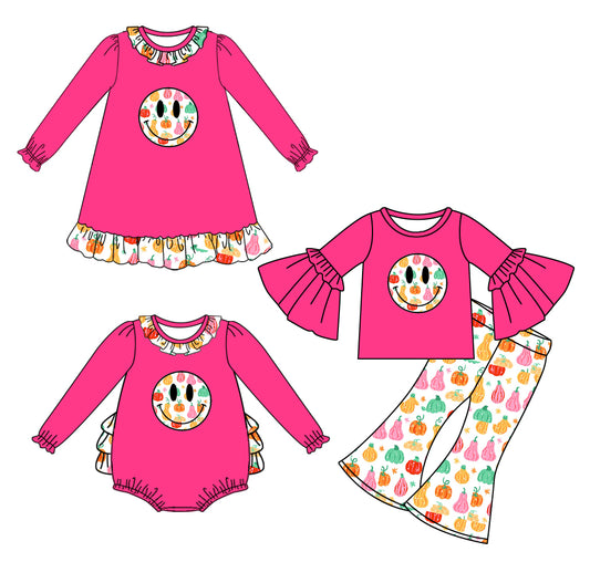 25.7.15 custom each style moq 5eta 4-6week Sibling Sisters smiley baby girl long sleeve pants sets and dress and rompers match family design