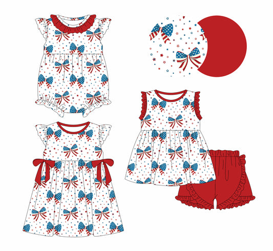 3.18 custom each style moq 5eta 4-6week Sibling Sisters bow baby girl short sleeve shorts sets and dress and rompers match family design