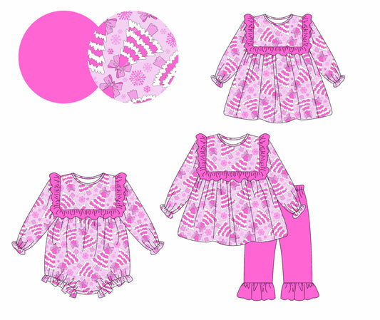 25.5.14 custom each style moq 5eta 4-6week Sibling Sisters Christmas trees baby girl long sleeve pants sets and dress and rompers match family design