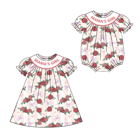 4.19 custom each style moq 5eta 4-6week Sibling Sisters MAMA GIRL floral bow baby girl short sleeve dress and rompers match family design