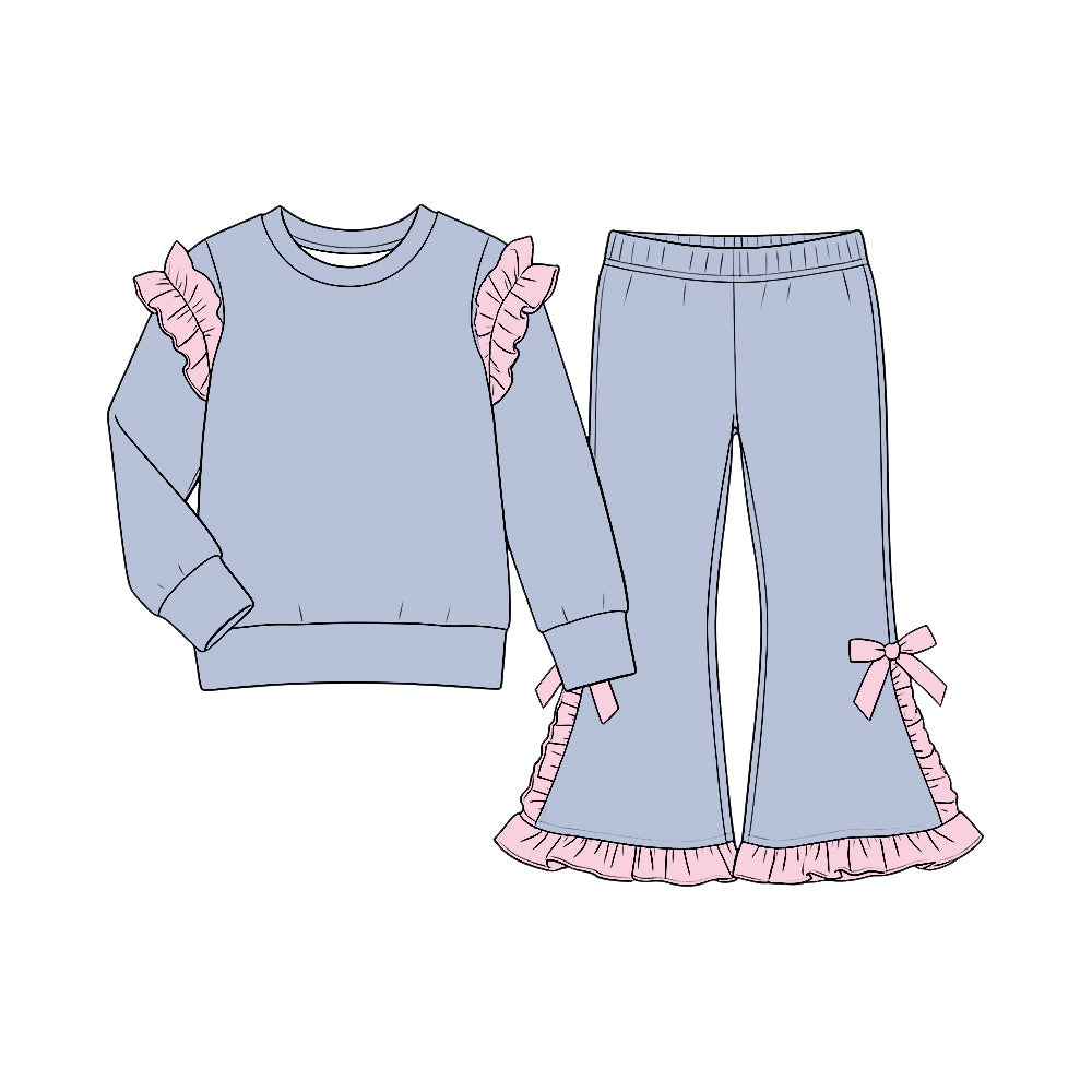 custom moq 5 mix size Baby Girls Solid Dusty Blue and Light Pink Ruffle Shoulder Sweatshirt And Ruffle Hem Bow Flare Pant Set