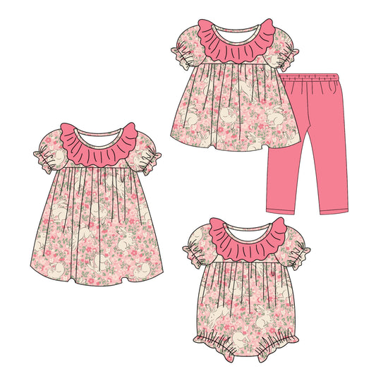 25.9.26 custom each style moq 8 eta 6-8week Sibling Sisters bunny floral baby girl short sleeve pants sets and dress and rompers match family design