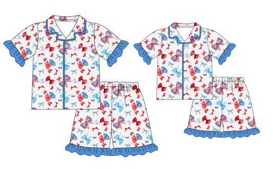 12.20 custom each style moq 5eta 4-6week Sibling Sister bow short sleeve shorts sets and adult sets match design