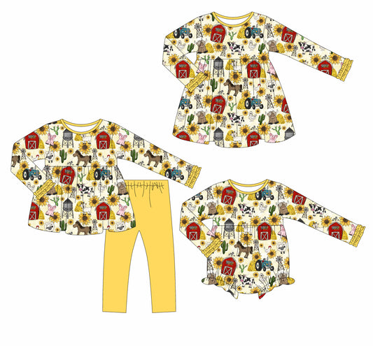 25.6.9 custom each style moq 5eta 4-6week Sibling Sisters farm animal baby girl long sleeve pants sets and dress and rompers match family design