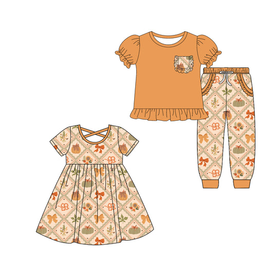 4.30 custom each style moq 5eta 4-6week Sibling Sister pumpkin bow baby girl pants sets and dress match family design
