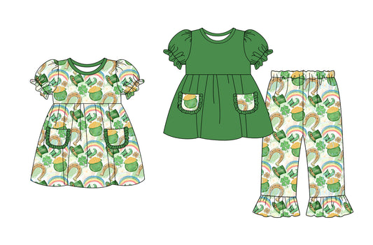 25.9.11 custom each style moq 5eta 4-6week Sibling Sisters bow green baby girl short sleeve pants sets and dress match family design