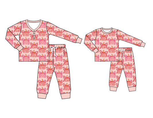 25.6.2 custom each style moq 5eta 4-6week Sibling Sister pumpkin bow long sleeve pants sets and adult sets match design