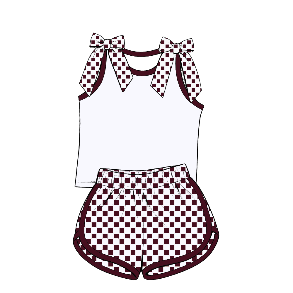 custom moq 5 mix size Baby Girls Maroon Bow Sleeveless Top Shorts Summer Casual Clothes Set