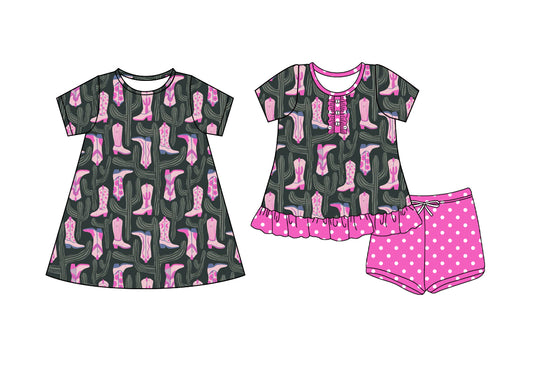 4.8 custom each style moq 5eta 4-6week Sibling Sister boots baby girl short sleeve shorts sets and dresses match design
