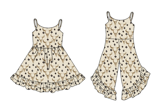 4.23 custom each style moq 5eta 4-6week Sibling Sister cow head baby girl short sleeve dresses and jumpsuit match design