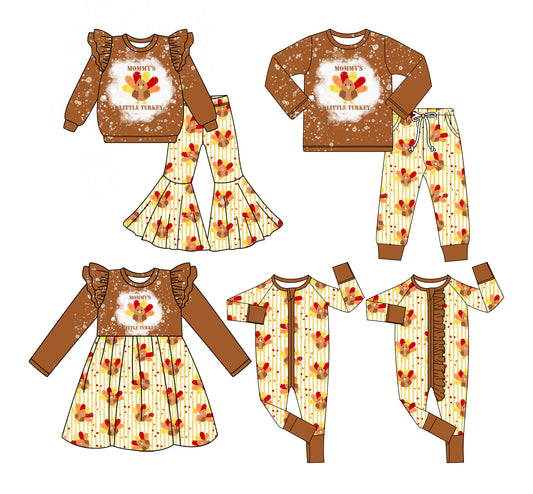 25.7.4 custom each style moq 5 eta 4-6week Sibling Sisters turkey baby girl long sleeve pants sets 1 and sets 2 and romper 1 and romper 2 and dress match family design