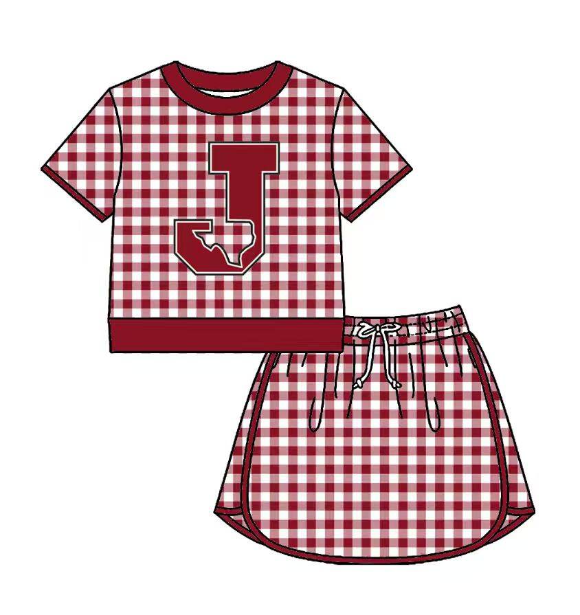 Custom moq 5 mix size milk silk summer teams Baby Girls Red Plaid Short Sleeve Top Skirt Two Piece Set