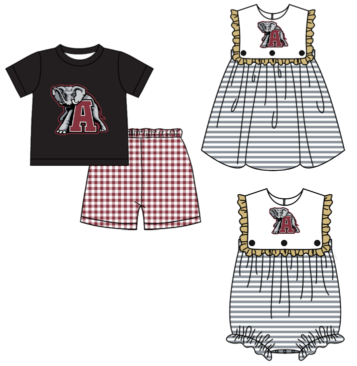 Custom moq 5 mix size milk silk summer teams Boy's Black Short-Sleeved Top And Shorts Set Girl's Sleeveless Striped Dress And Romper